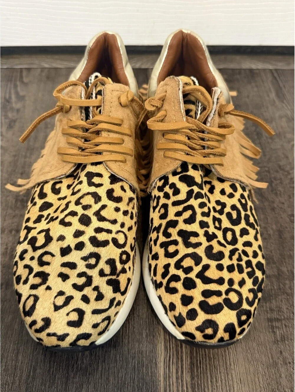 ShuShop Pepa Leopard Tan Fringe Trim Leather Lace Sneakers Size 7.5 Womens